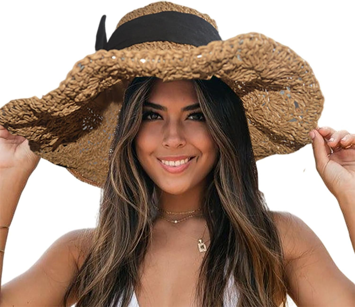 Bow Summer Floppy Hats Straw Wide Brim Foldable Sun Cap Crochet Travel Bucket Hat