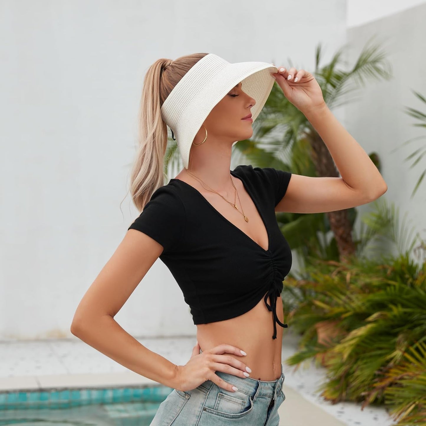 Sun Visors with Roll-Up Ponytail Packable Wide Brim Straw UV Protection Sun Beach Hats