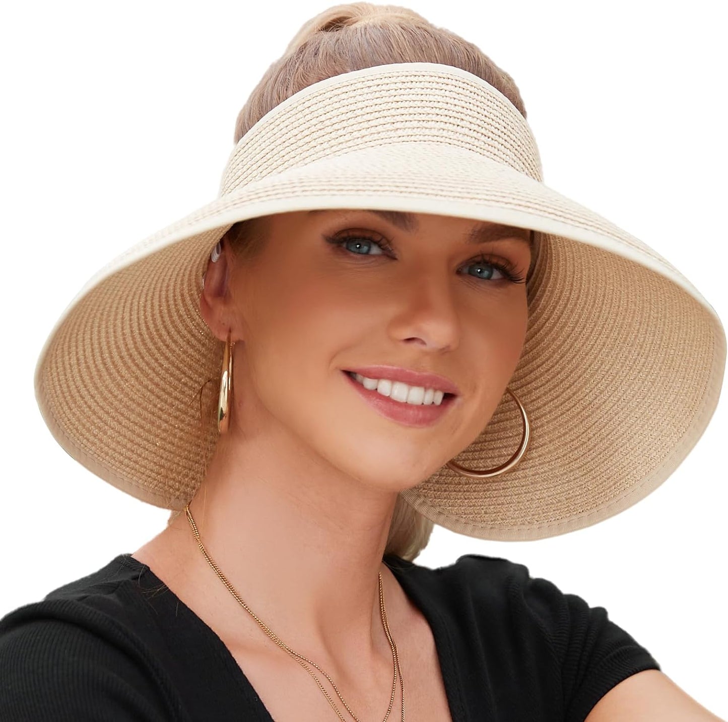 Sun Visors with Roll-Up Ponytail Packable Wide Brim Straw UV Protection Sun Beach Hats