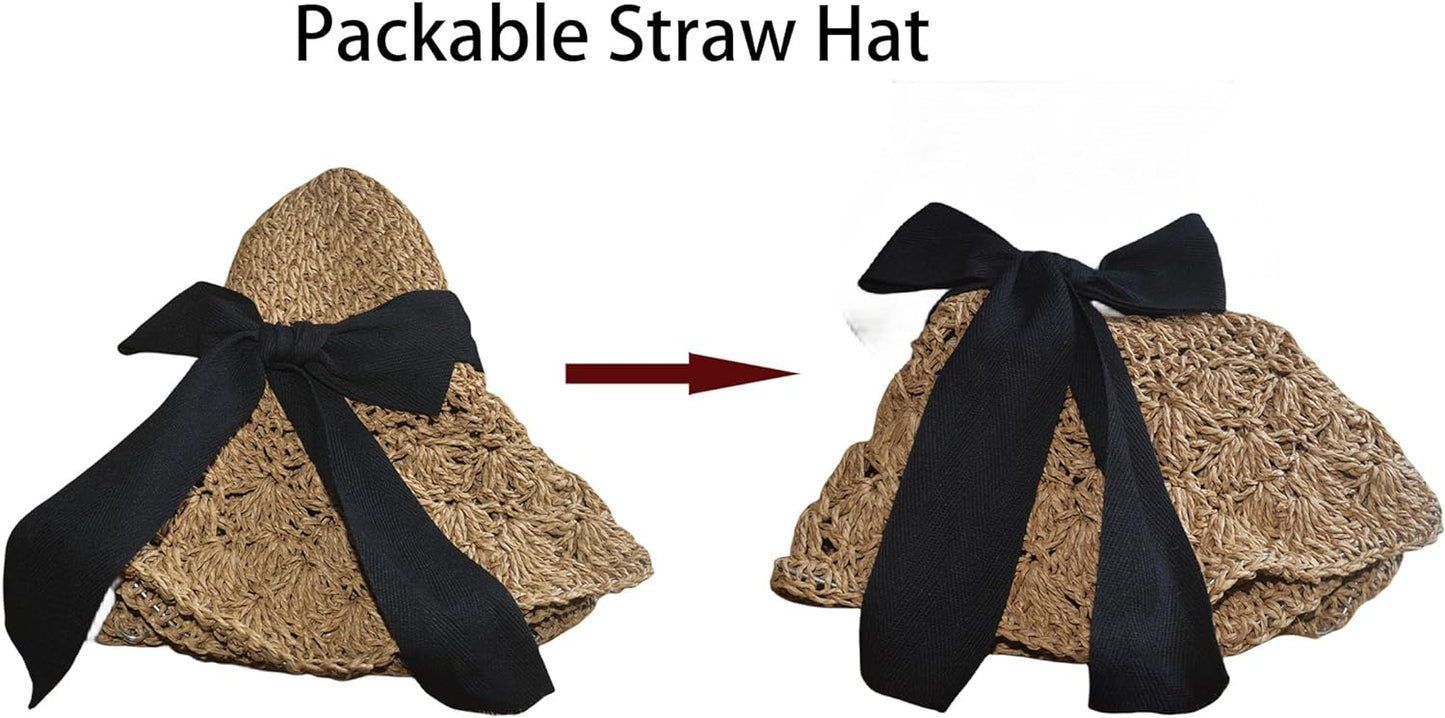 Bow Summer Floppy Hats Straw Wide Brim Foldable Sun Cap Crochet Travel Bucket Hat