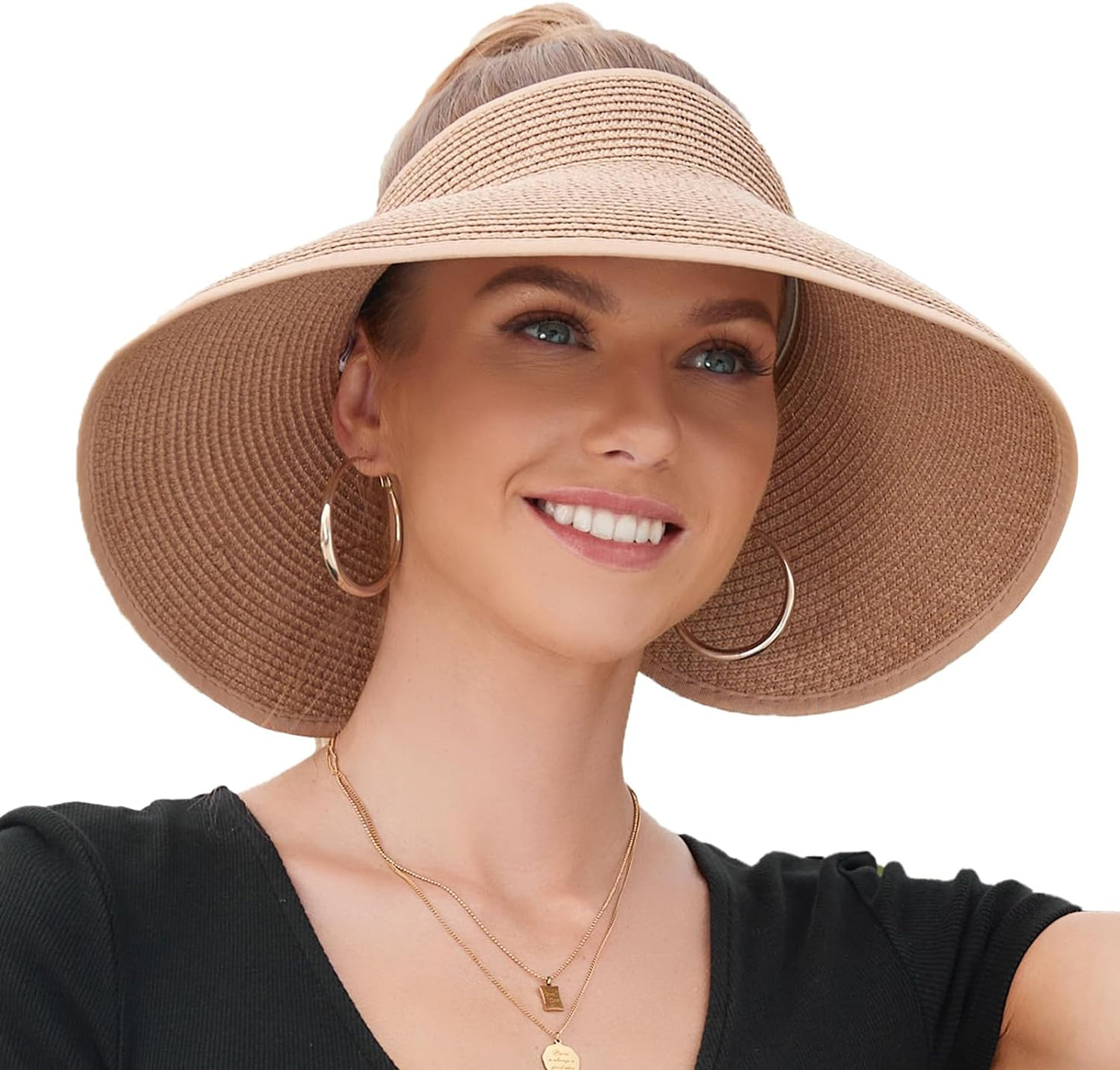 Sun Visors with Roll-Up Ponytail Packable Wide Brim Straw UV Protection Sun Beach Hats