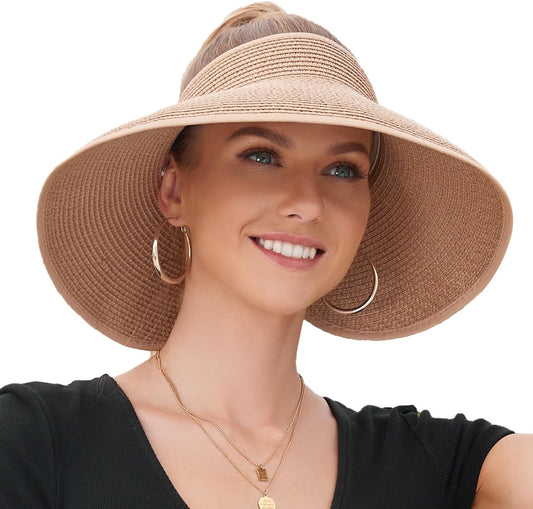 Sun Visors with Roll-Up Ponytail Packable Wide Brim Straw UV Protection Sun Beach Hats