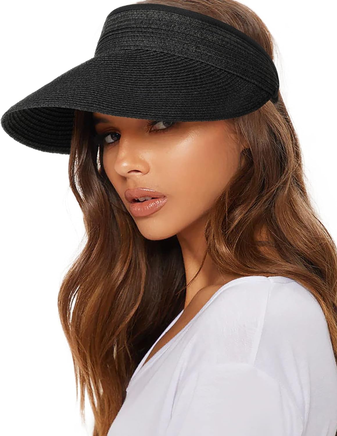 UPF 50+ Sun Visor Hat Straw Summer Packable Ponytail Beach Hats