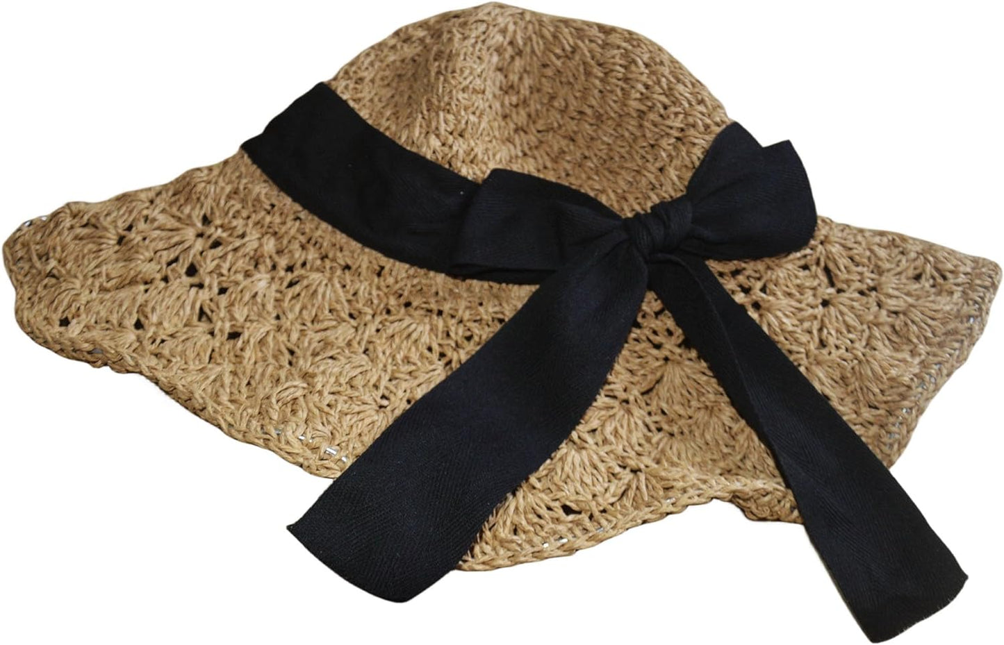 Bow Summer Floppy Hats Straw Wide Brim Foldable Sun Cap Crochet Travel Bucket Hat