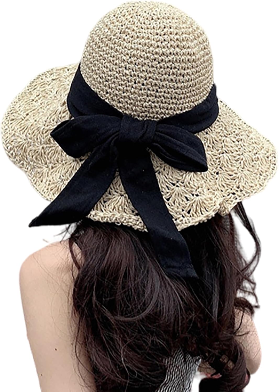 Bow Summer Floppy Hats Straw Wide Brim Foldable Sun Cap Crochet Travel Bucket Hat