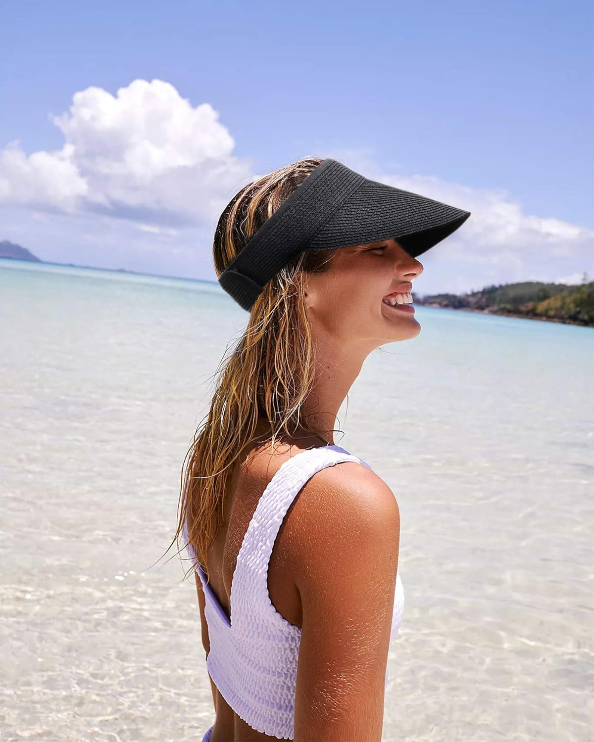 UPF 50+ Sun Visor Hat Straw Summer Packable Ponytail Beach Hats