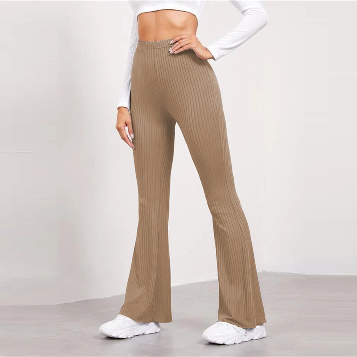 Slim Skinny Ribbed Flare Pants Athletic Workout Comfy Bootcut Trousers