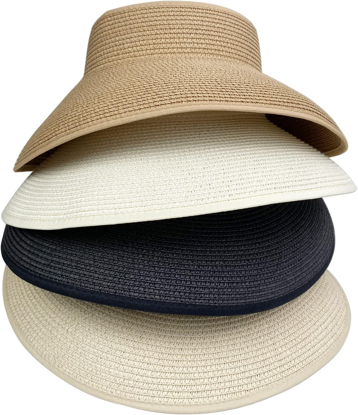 Sun Visors with Roll-Up Ponytail Packable Wide Brim Straw UV Protection Sun Beach Hats