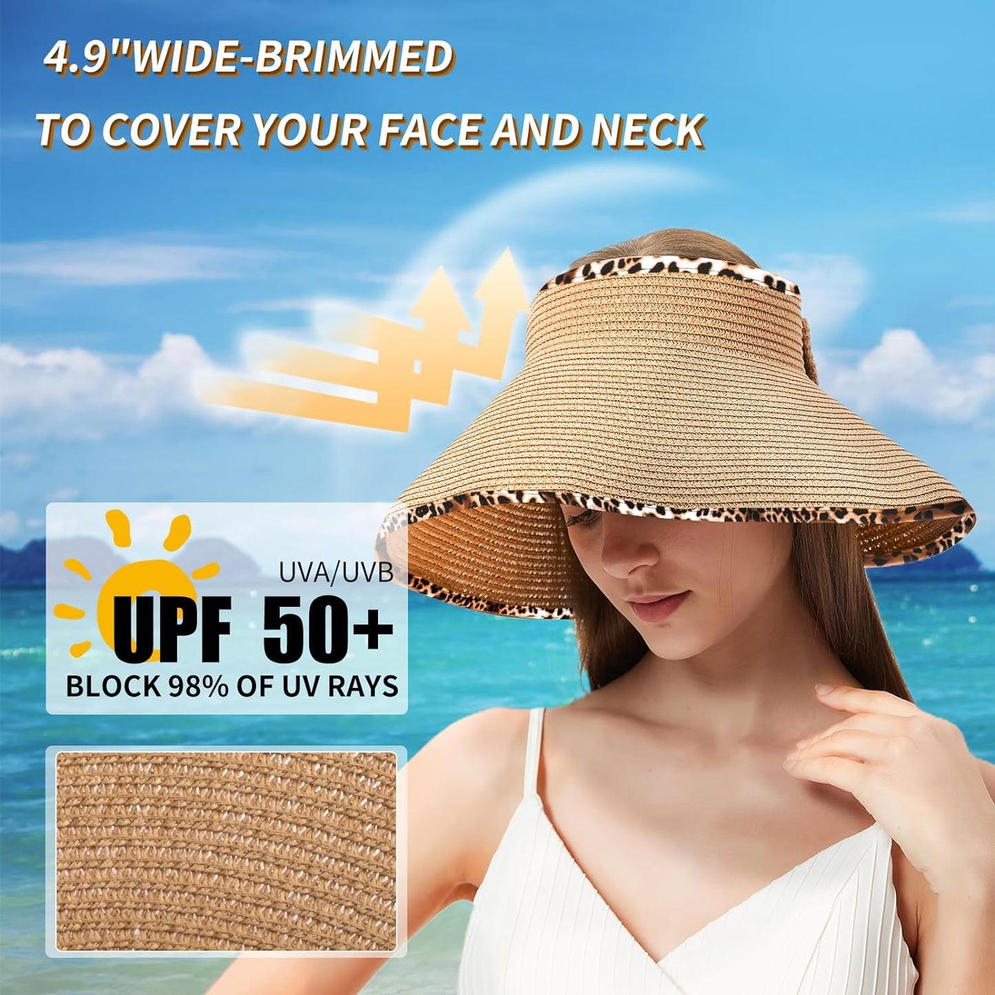 Foldable Straw Sun Visors Hat Wide Brim Adjustable Sun Hats