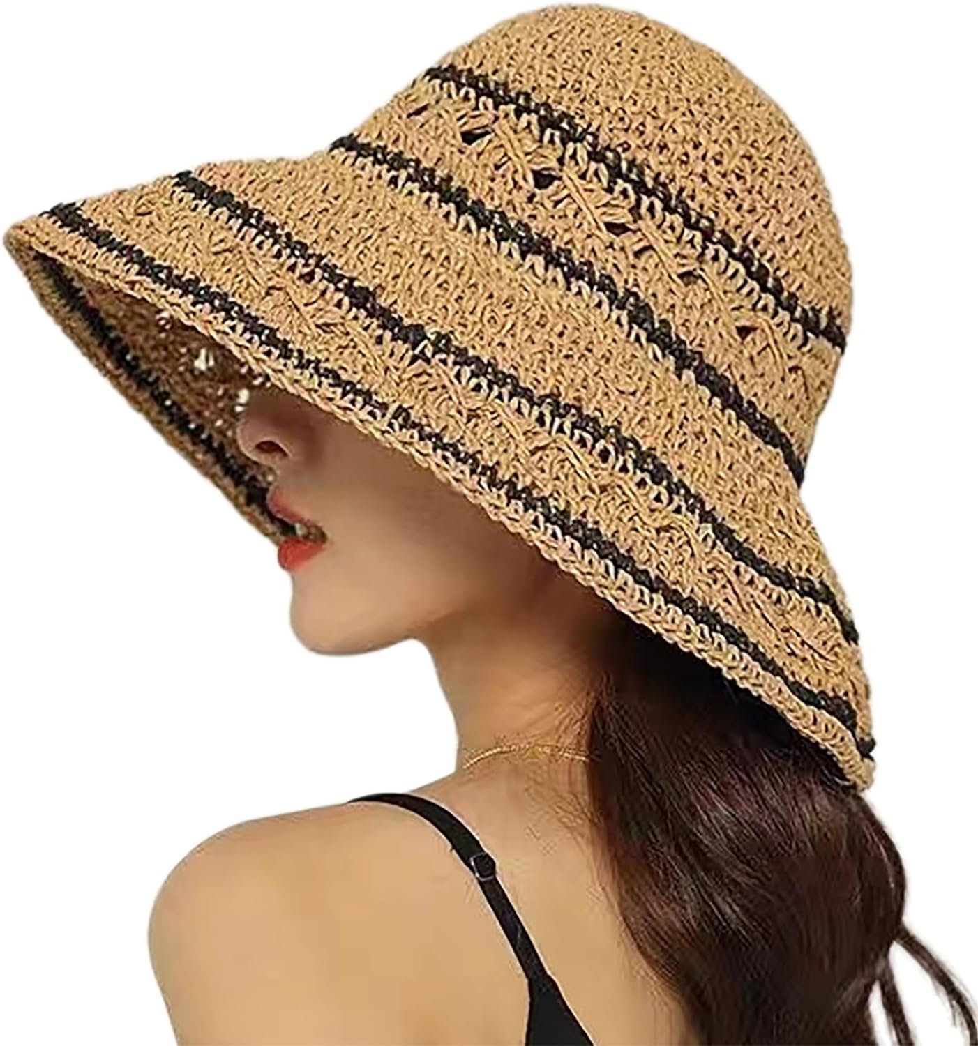 Crochet Womens Straw Sun Hat Foldable Summer Beach Sun Hats