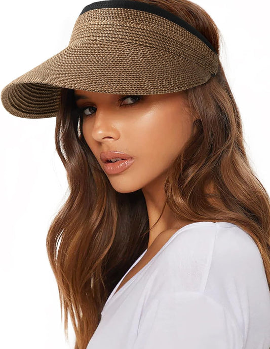 UPF 50+ Sun Visor Hat Straw Summer Packable Ponytail Beach Hats