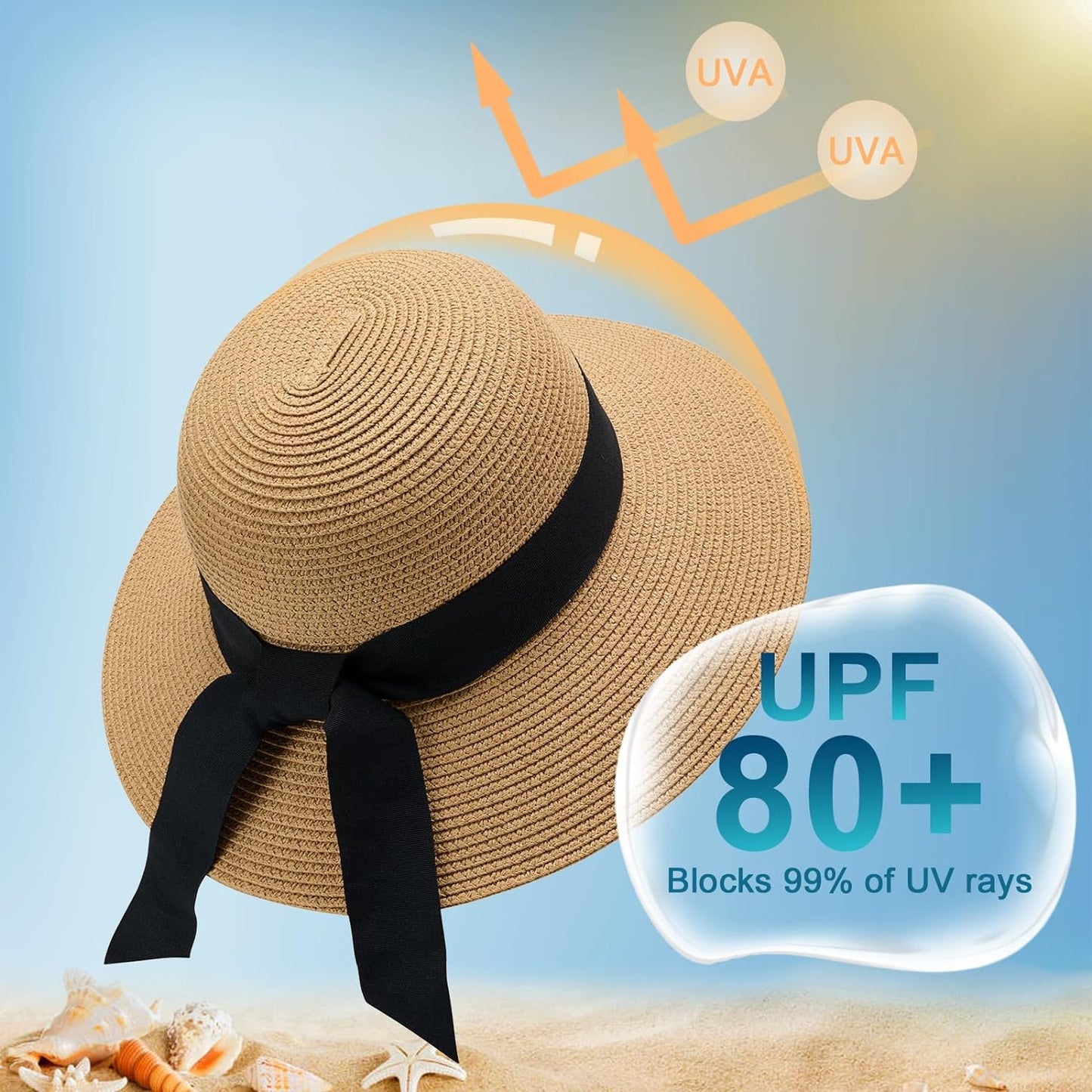 Wide Brim Summer Visor Beach Sun Straw Hats Packable UPF UV Foldable Travel