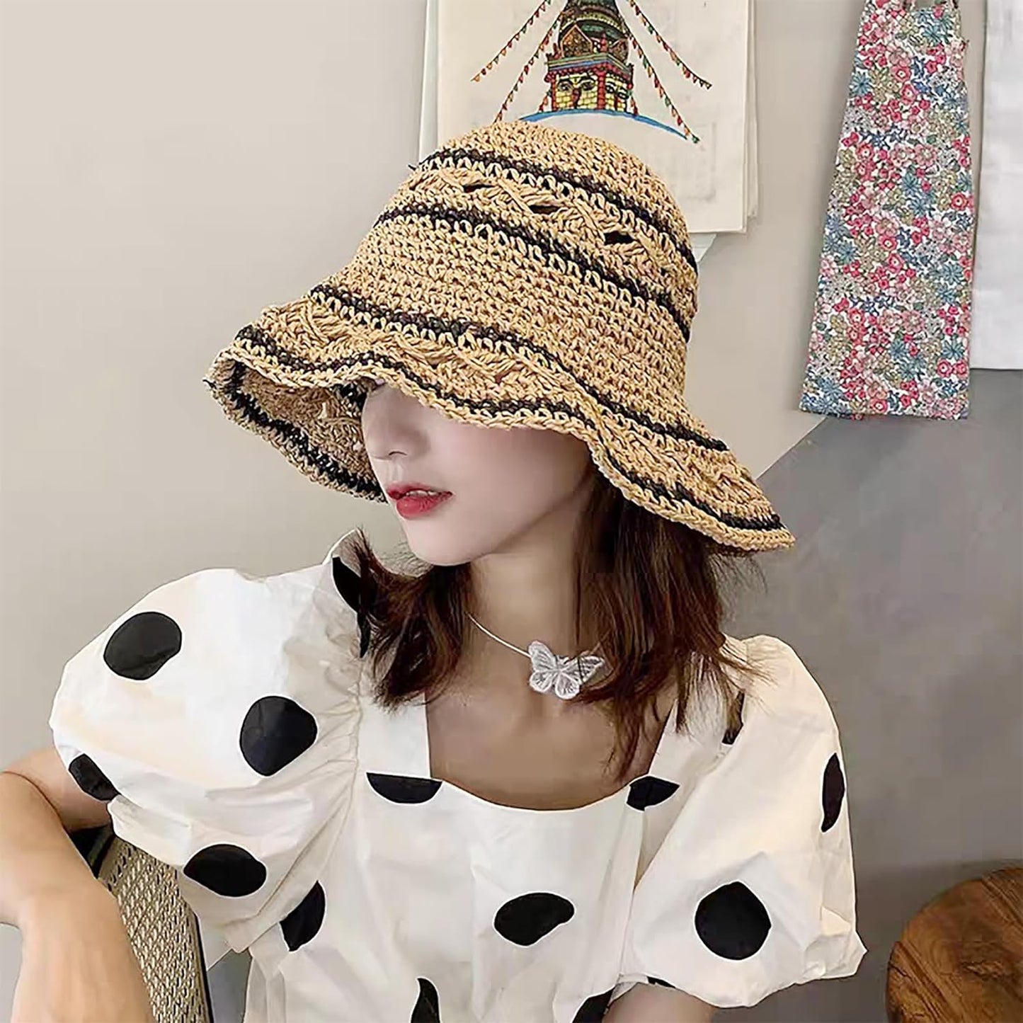 Crochet Womens Straw Sun Hat Foldable Summer Beach Sun Hats