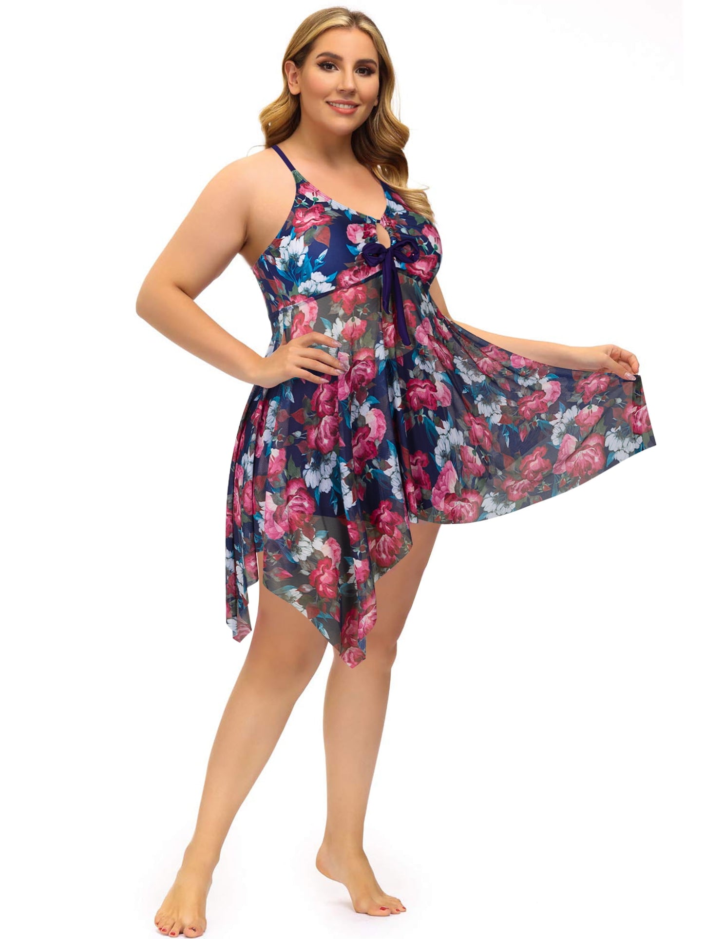 Plus Size Two Piece Swimdress with Boyshorts Flowy Tummy Control Tankini Swimsuits