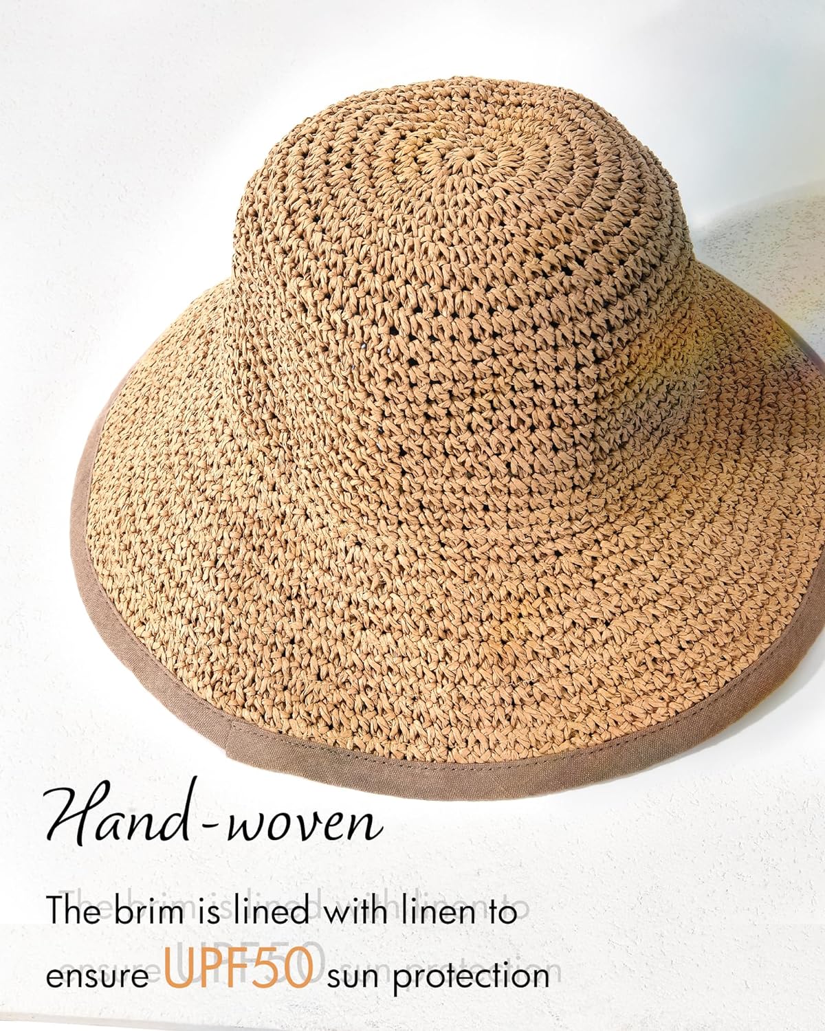 UPF 50+ Crochet Wide Brim Handmade Straw Hat Foldable Travel Bucket Hat