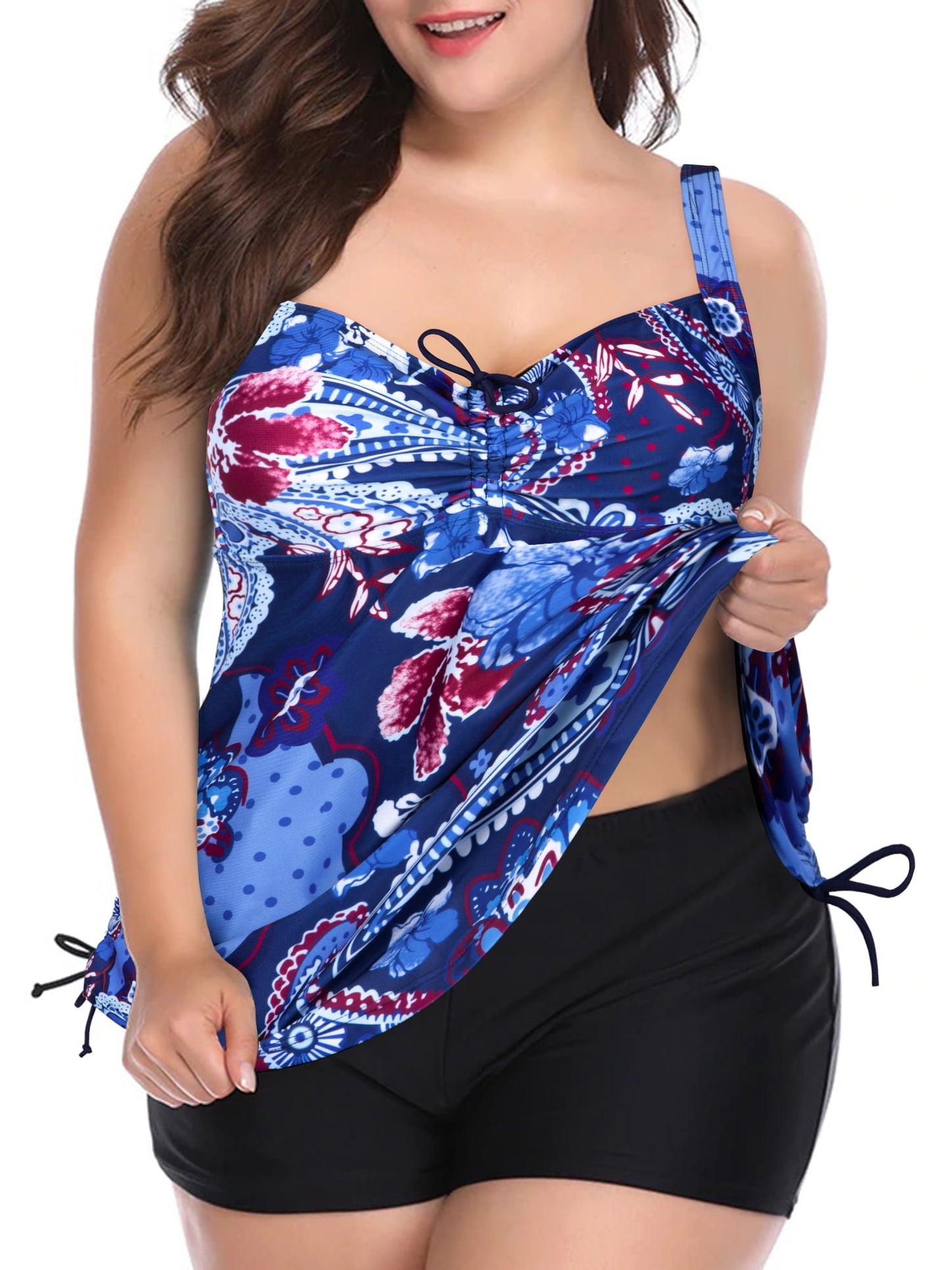 Plus Size Bathing Suits Paisley Print Two Piece Tankini Swimsuits with Shorts