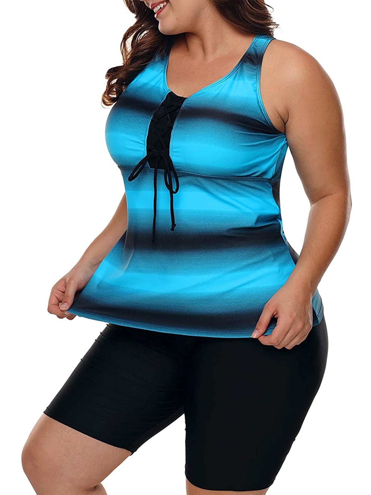 Plus Size Two Piece Bathing Suits Color Block Racerback Tankini Swimsuits with Swim Capris Swimwear