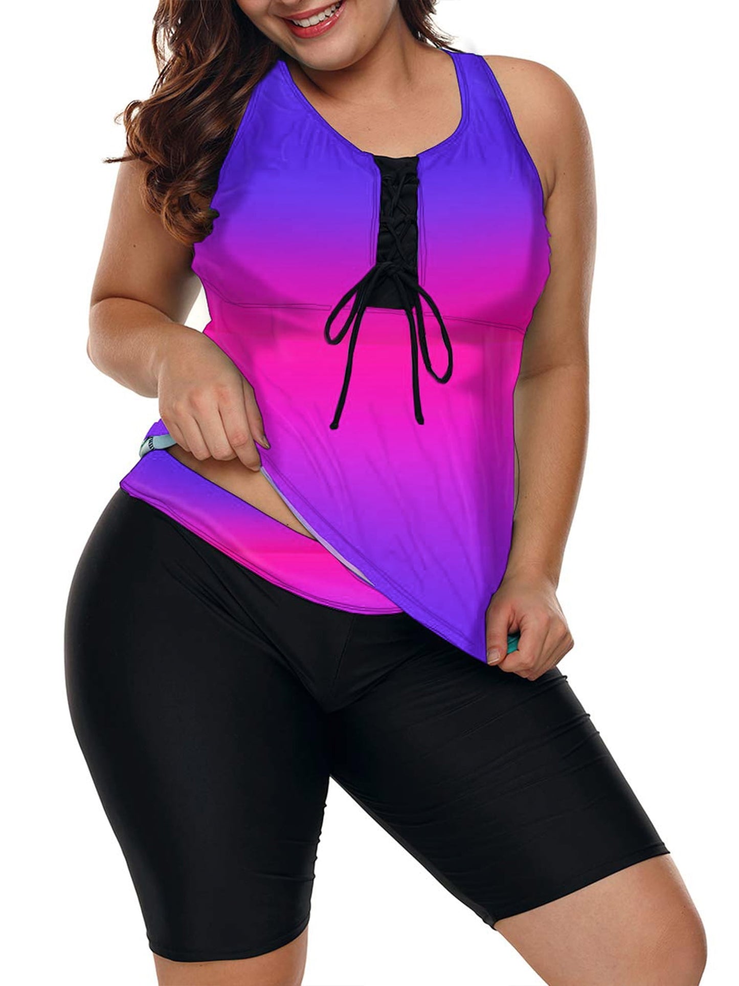 Plus Size Two Piece Bathing Suits Color Block Racerback Tankini Swimsuits with Swim Capris Swimwear