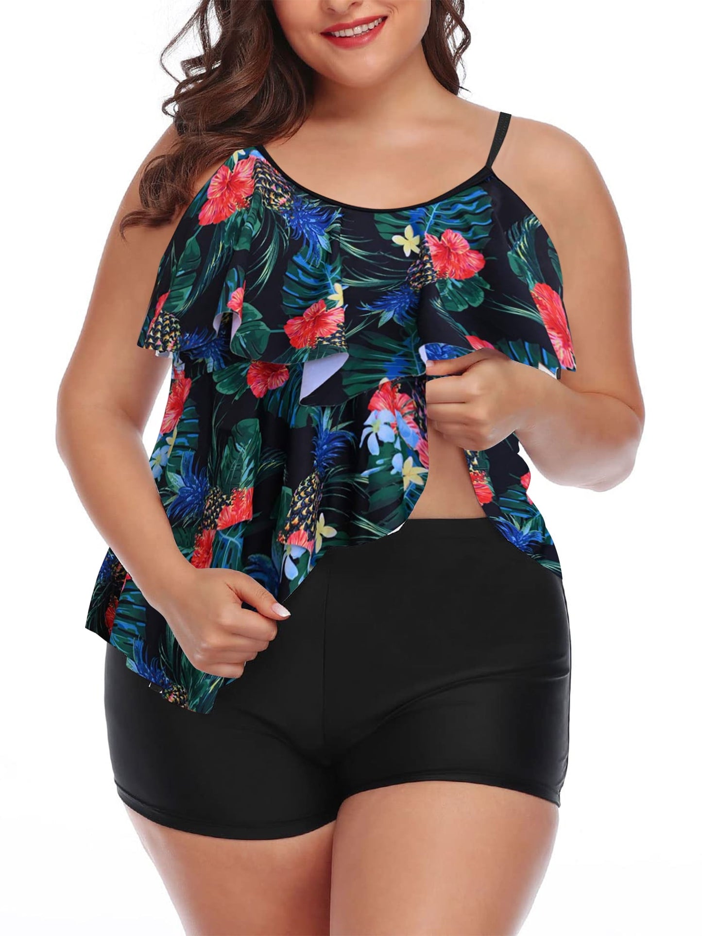 Plus Size Tankini Bathing Suits Tiered Ruffle Swimsuit Top with Boyshorts Tummy Control Swimwear