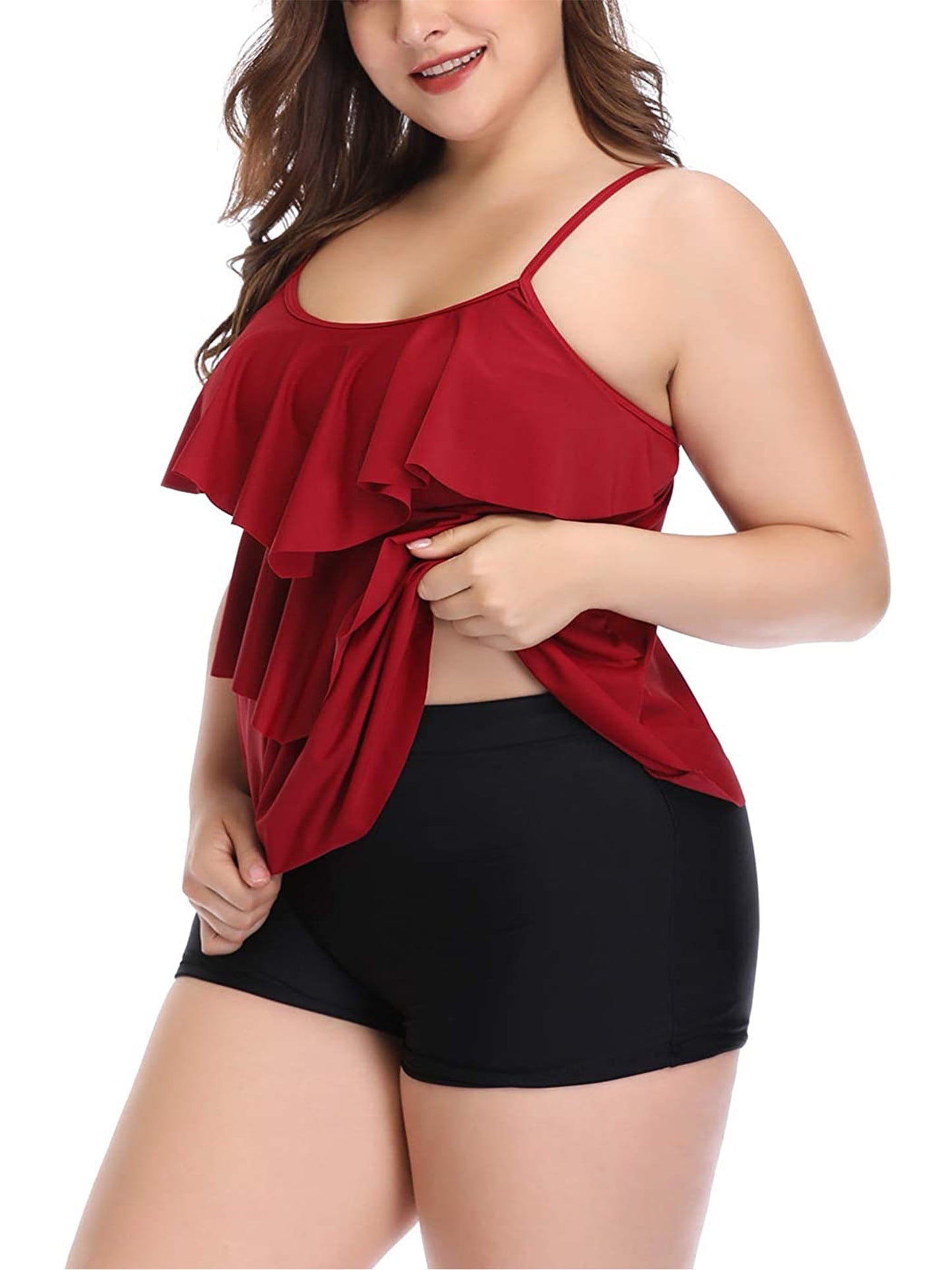 Plus Size Tankini Bathing Suits Tiered Ruffle Swimsuit Top with Boyshorts Tummy Control Swimwear