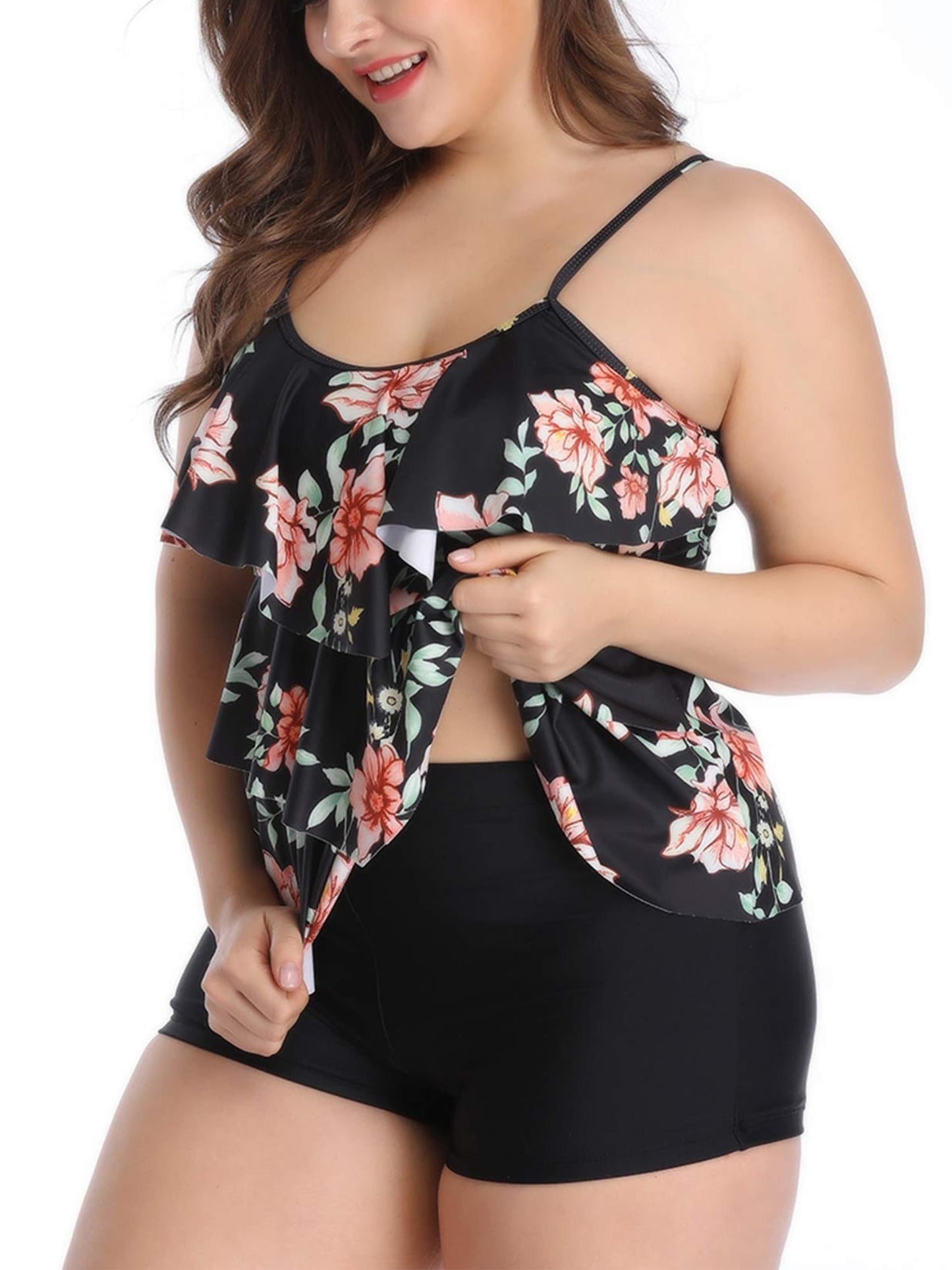 Plus Size Tankini Bathing Suits Tiered Ruffle Swimsuit Top with Boyshorts Tummy Control Swimwear