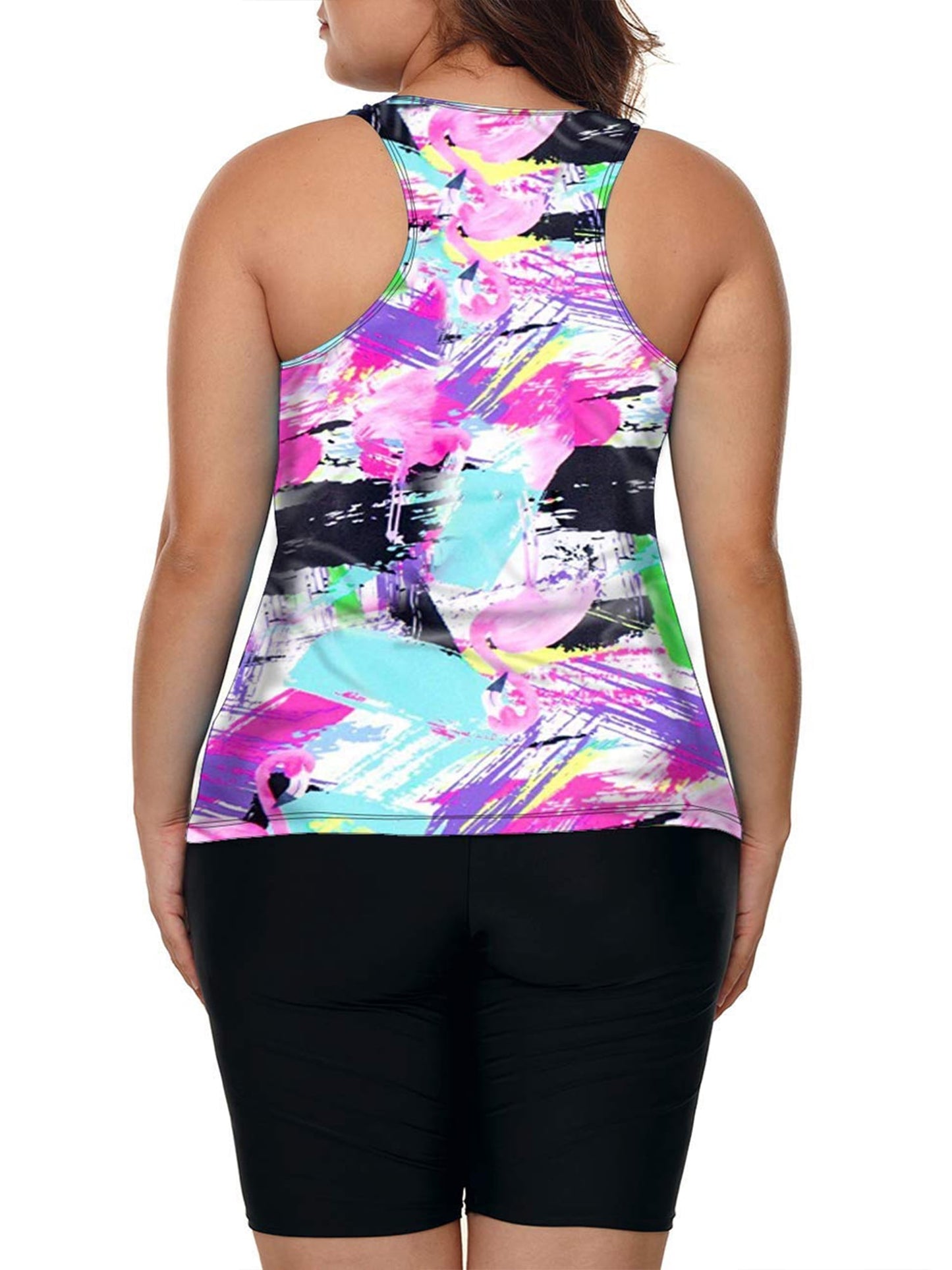 Plus Size Two Piece Bathing Suits Color Block Racerback Tankini Swimsuits with Swim Capris Swimwear