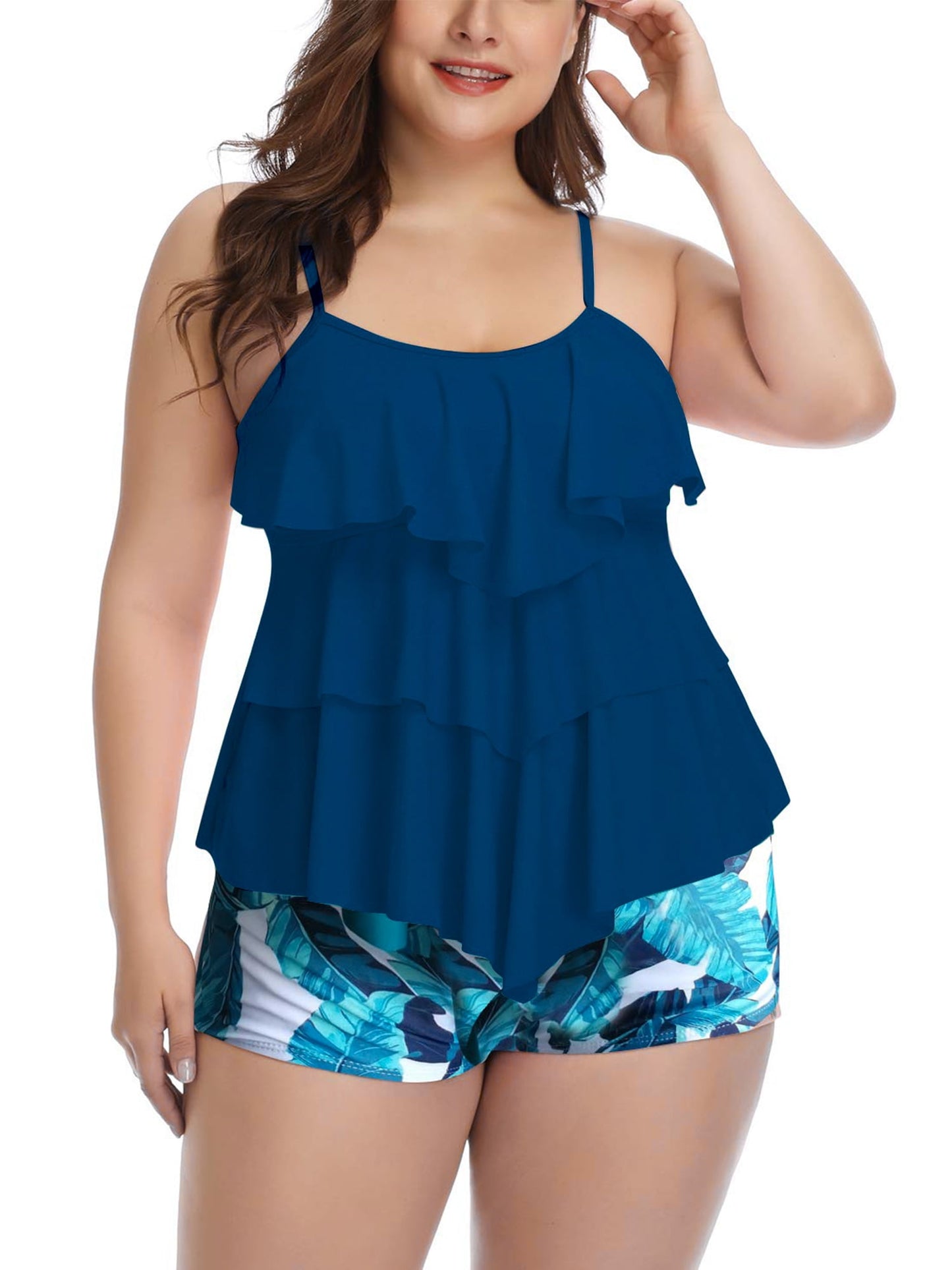 Plus Size Tankini Bathing Suits Tiered Ruffle Swimsuit Top with Boyshorts Tummy Control Swimwear