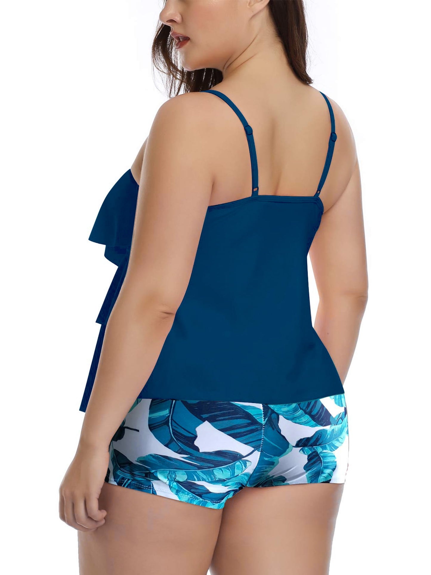 Plus Size Tankini Bathing Suits Tiered Ruffle Swimsuit Top with Boyshorts Tummy Control Swimwear